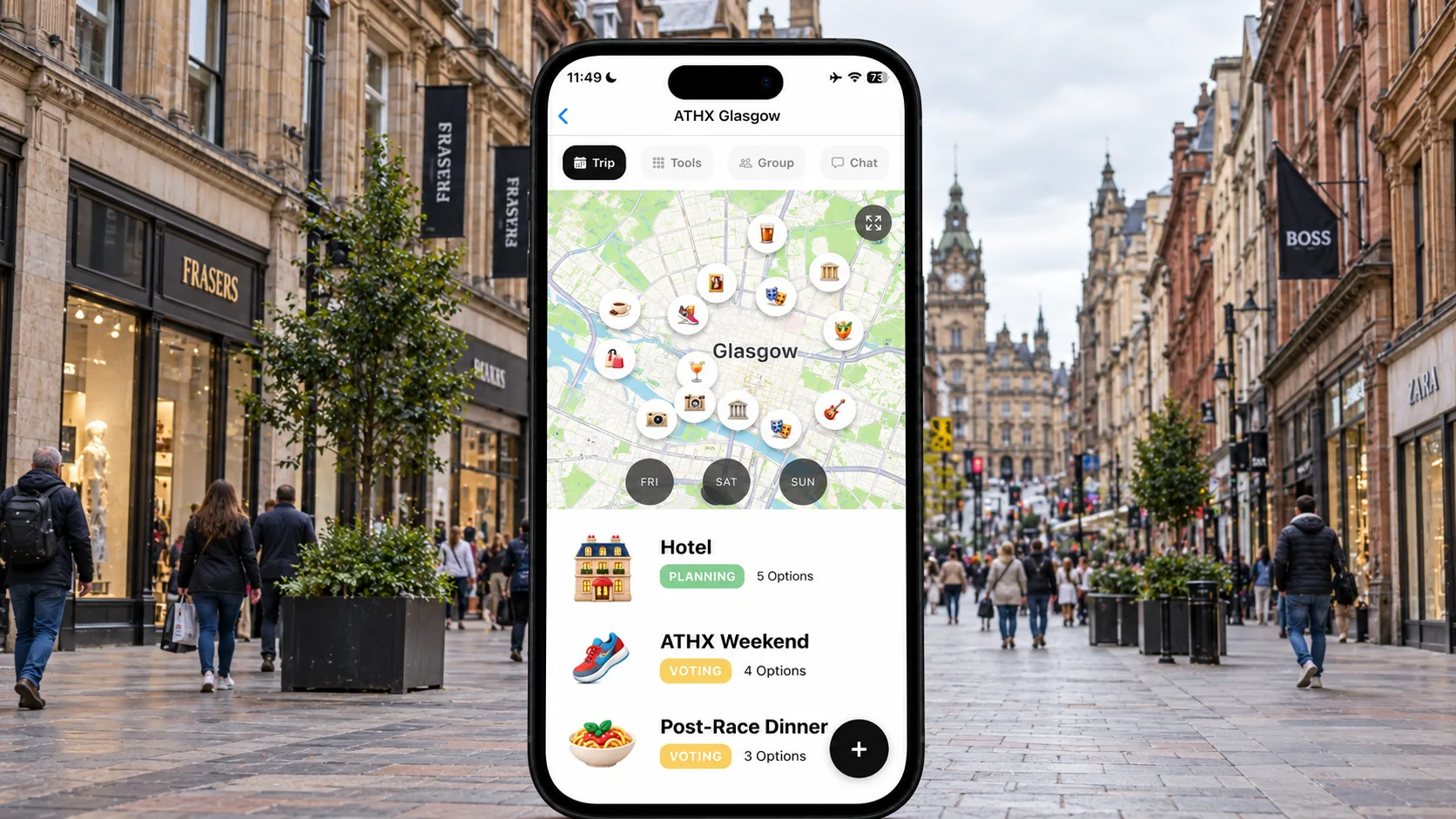 AI illustration of a FlowTrip ATHX Glasgow planning screen on a narrow upright phone against a Glasgow pedestrian shopping street