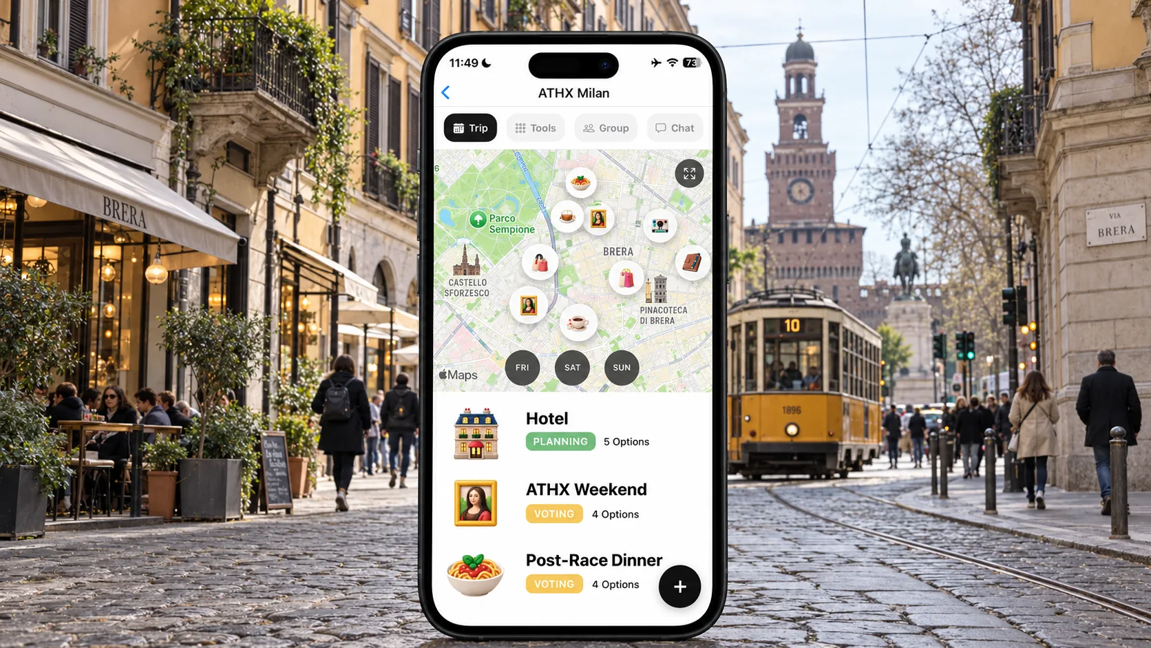 AI illustration of a FlowTrip ATHX Milan planning screen on a narrow upright phone against a central Milan street with a yellow tram