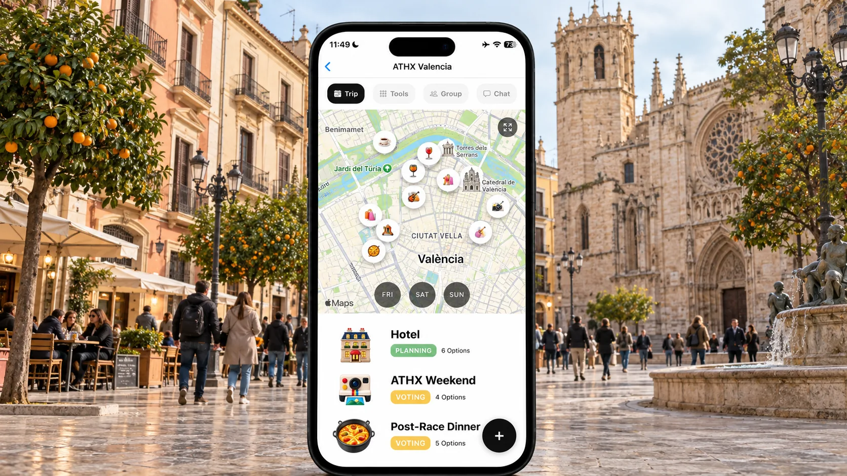 AI illustration of a FlowTrip ATHX Valencia planning screen on a narrow upright phone in a Valencia old-town plaza