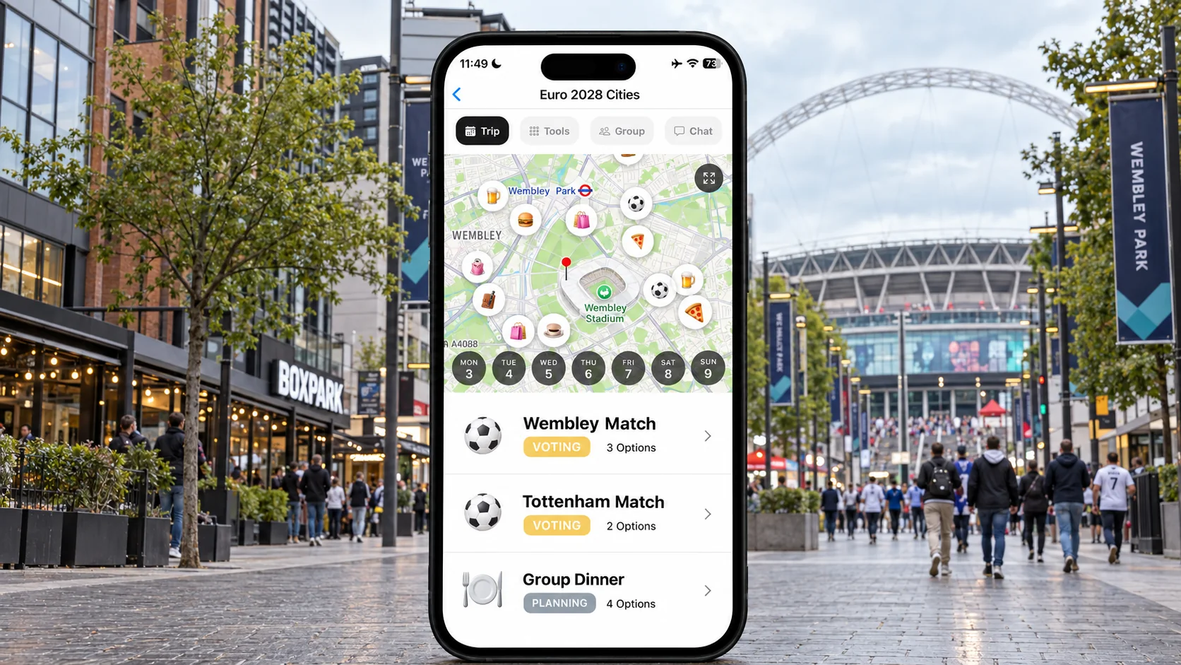 AI illustration of a FlowTrip football trip on a phone in London