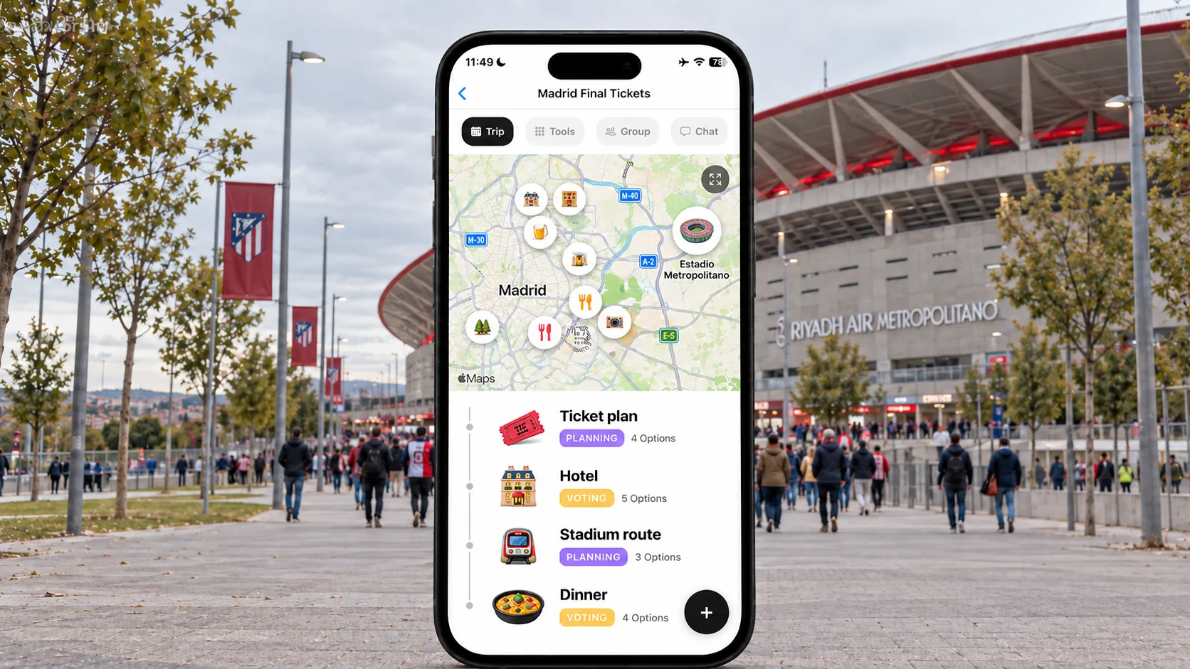 FlowTrip Madrid final ticket planning screen on a phone outside Estadio Metropolitano