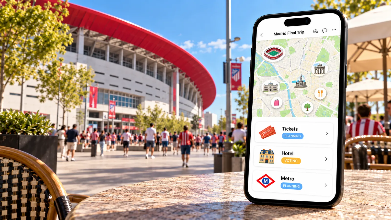 FlowTrip planning screen on a phone beside Madrid's Estadio Metropolitano