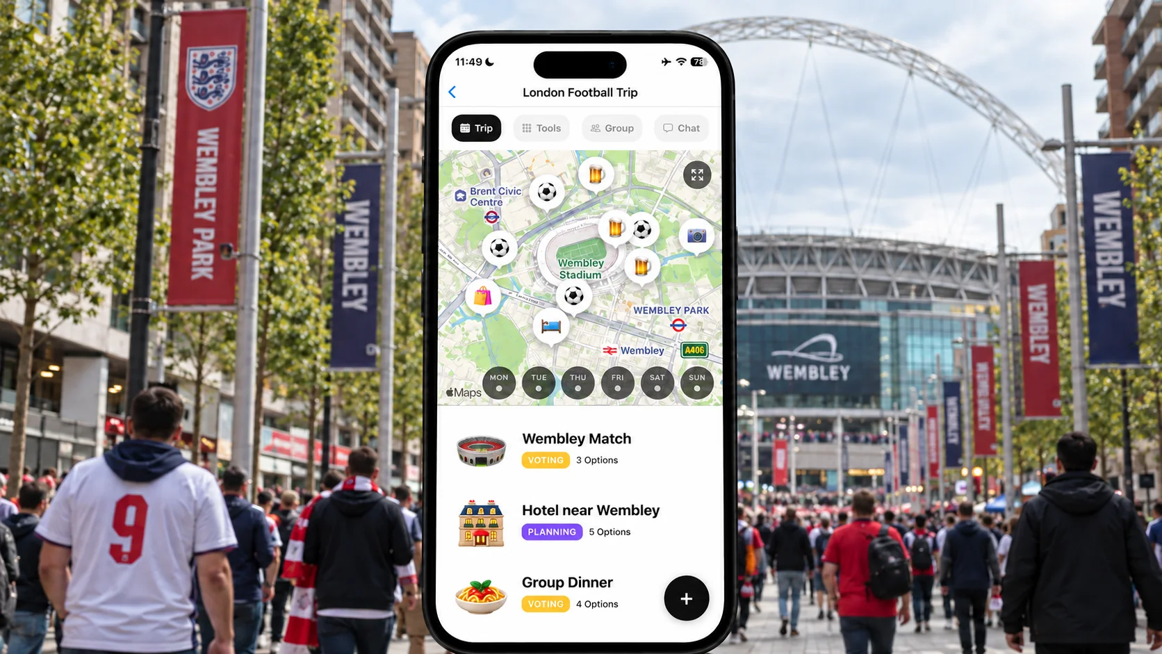 AI illustration of a FlowTrip football trip on a phone in London
