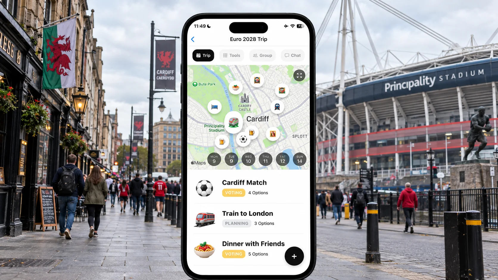 AI illustration of a FlowTrip football trip on a phone in Cardiff