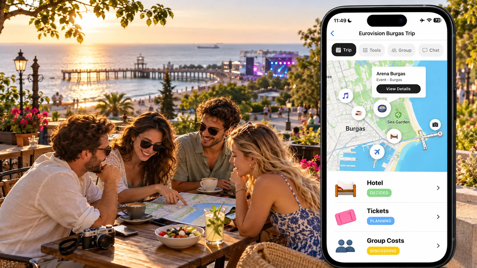 FlowTrip group budget on a phone with a Burgas waterfront view