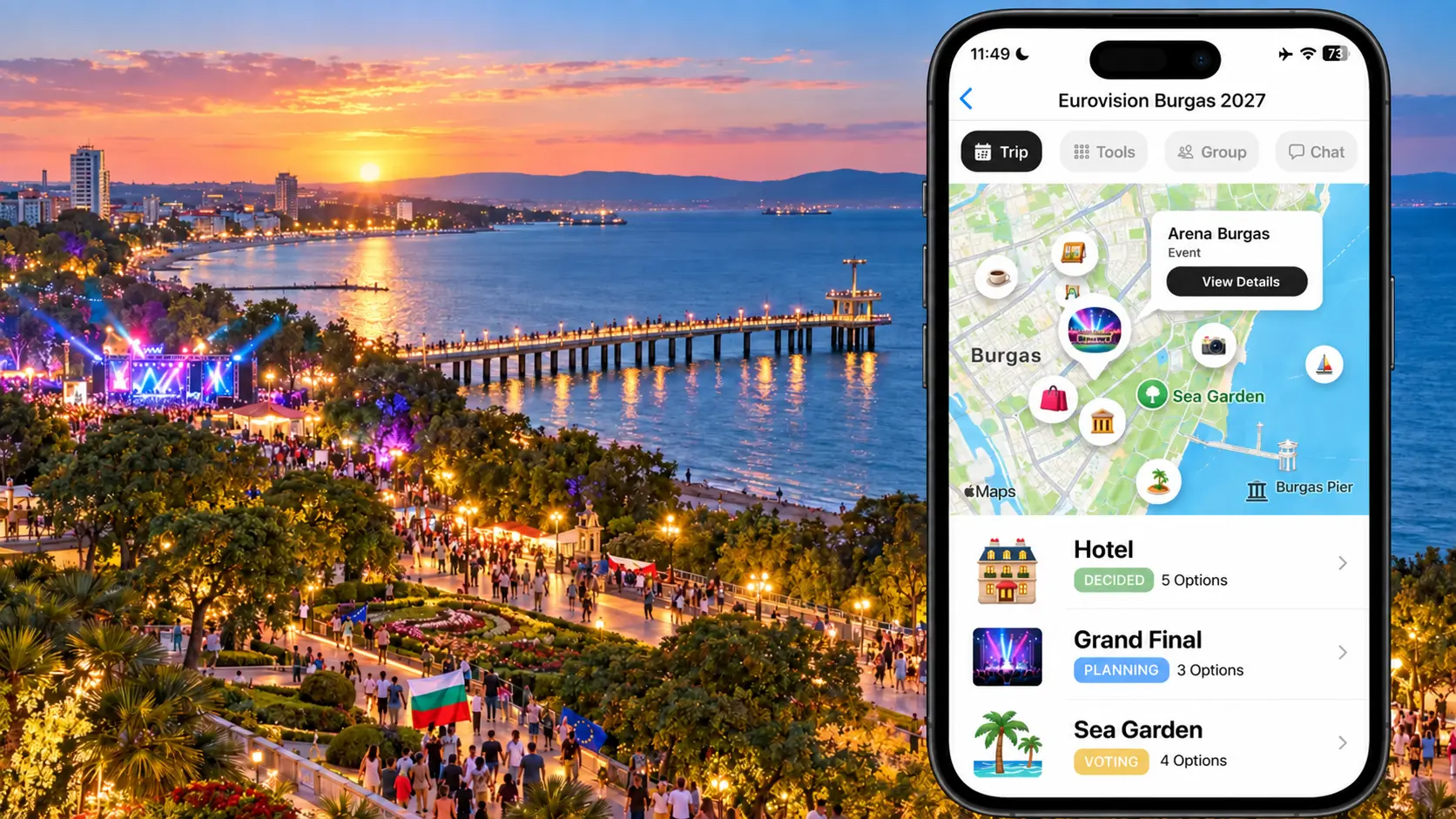 FlowTrip travel planner on a phone overlooking Burgas and the Black Sea