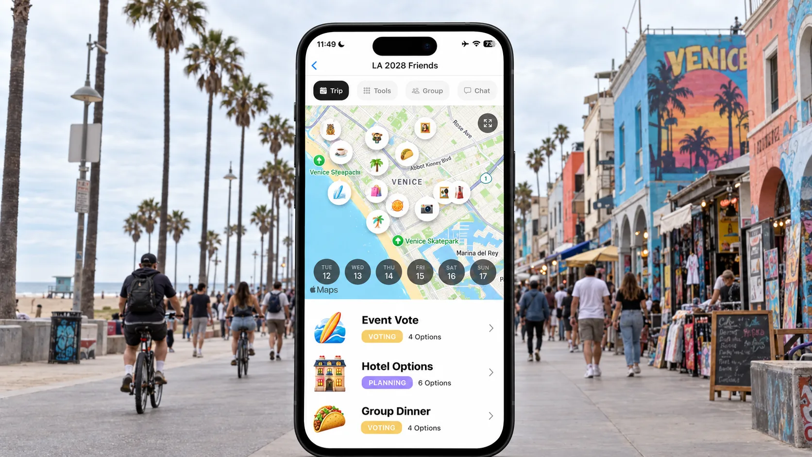AI illustration of a FlowTrip friends trip planning screen on a phone on a Venice Beach street in Los Angeles