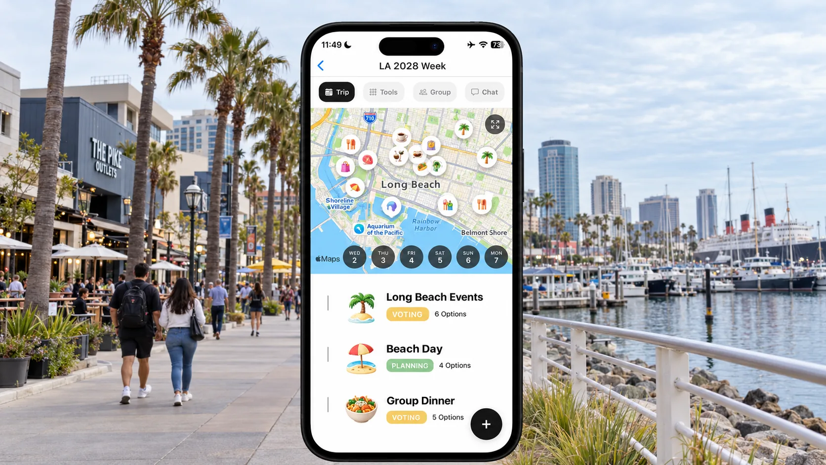 AI illustration of a FlowTrip LA 2028 week plan on a phone beside the Long Beach waterfront