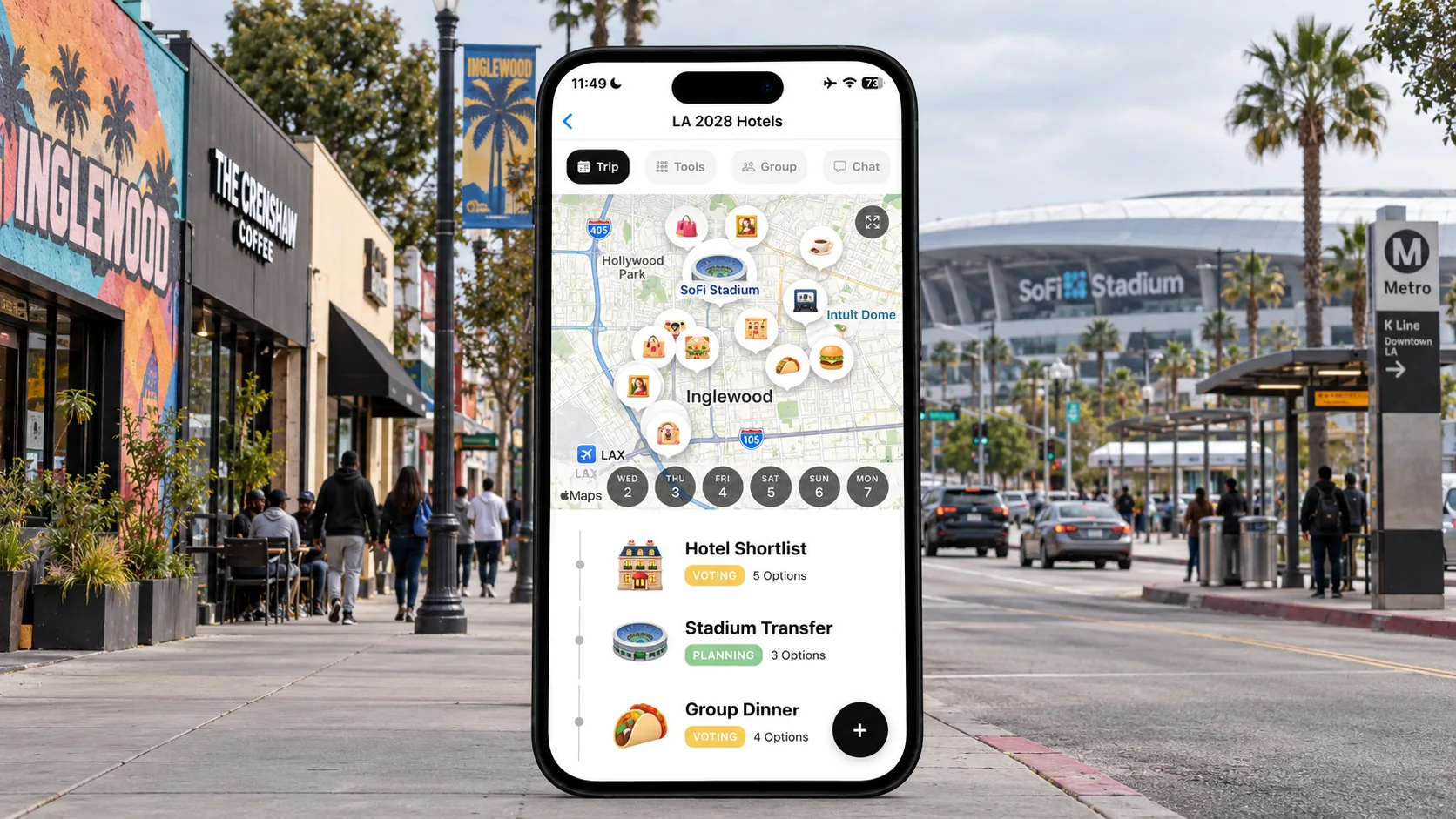 AI illustration of a FlowTrip LA 2028 hotel shortlist on a phone with an Inglewood street behind it