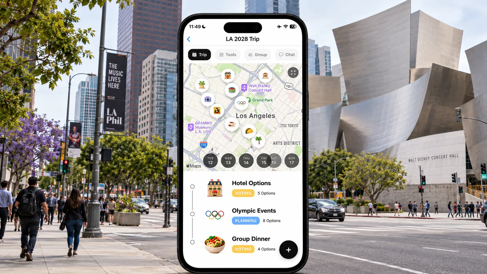 AI illustration of a FlowTrip LA Olympics trip on a phone against a Downtown Los Angeles street
