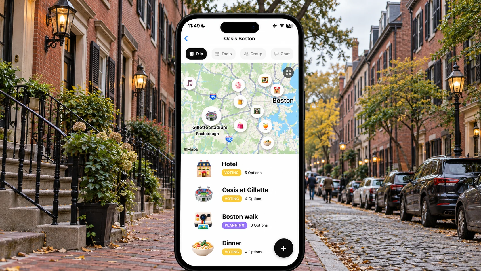 FlowTrip trip planning screen centered on a red-brick Boston street