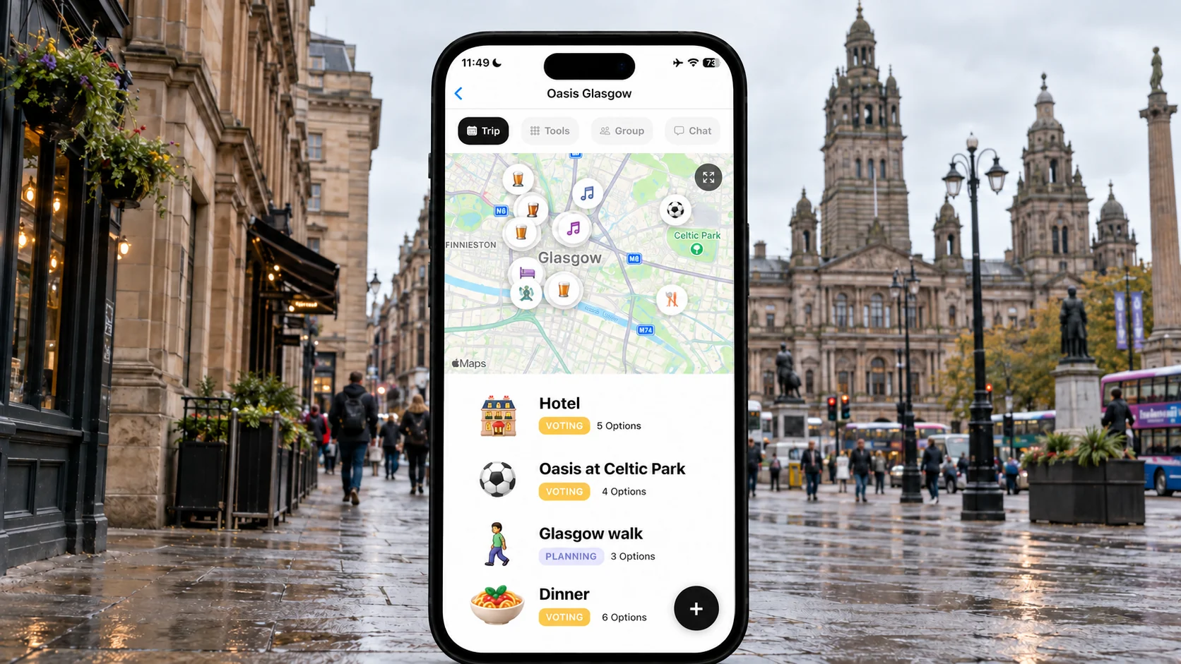 FlowTrip trip planning screen centered on a Glasgow street beside the City Chambers