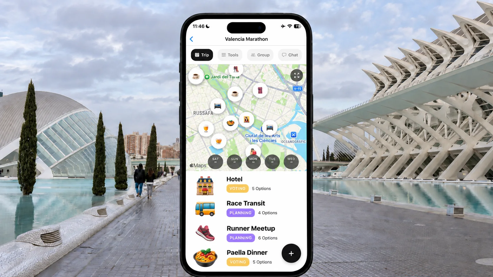 FlowTrip Valencia Marathon trip plan on a phone at the City of Arts and Sciences