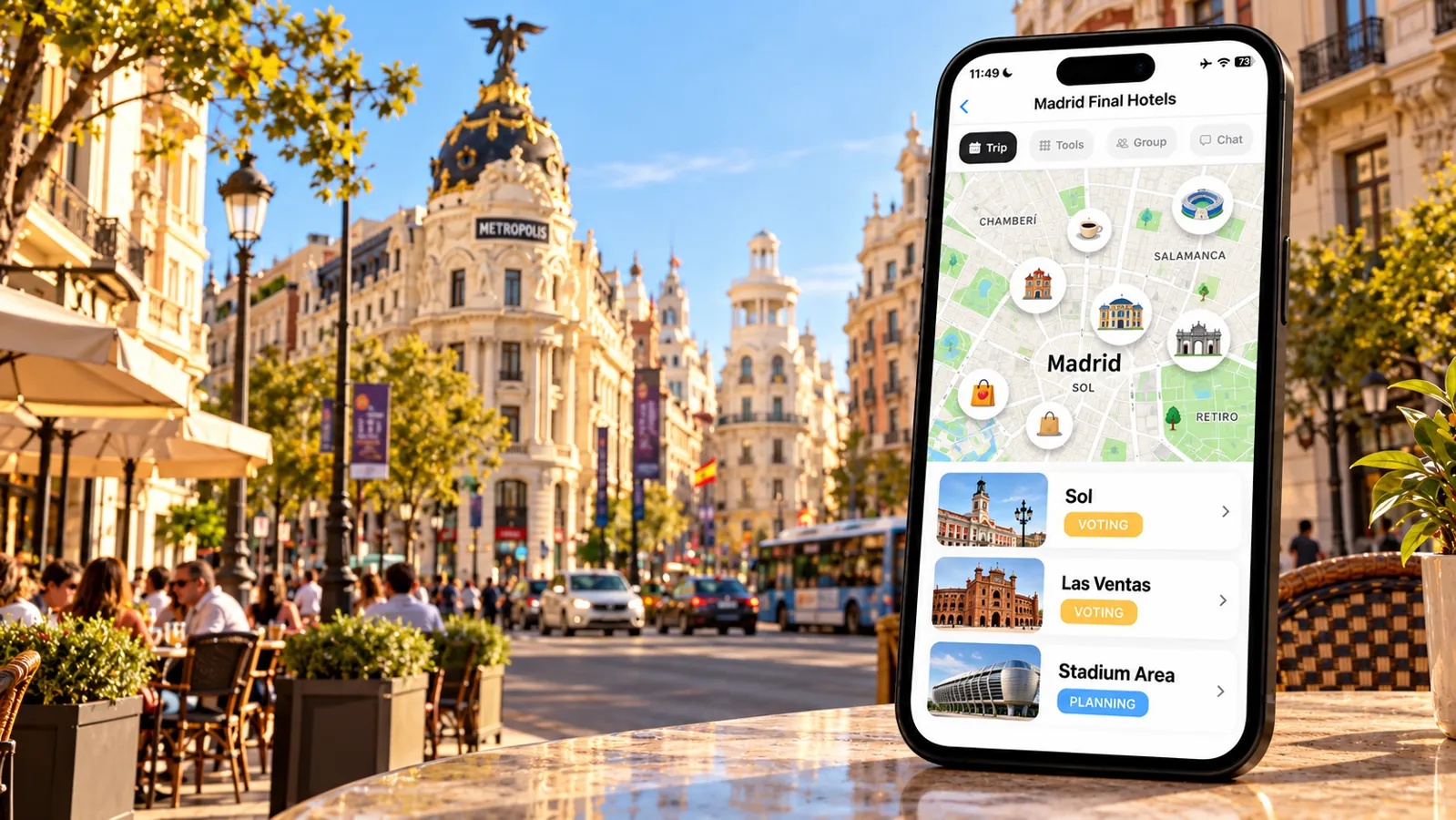 FlowTrip hotel voting screen on a phone beside Madrid Gran Vía