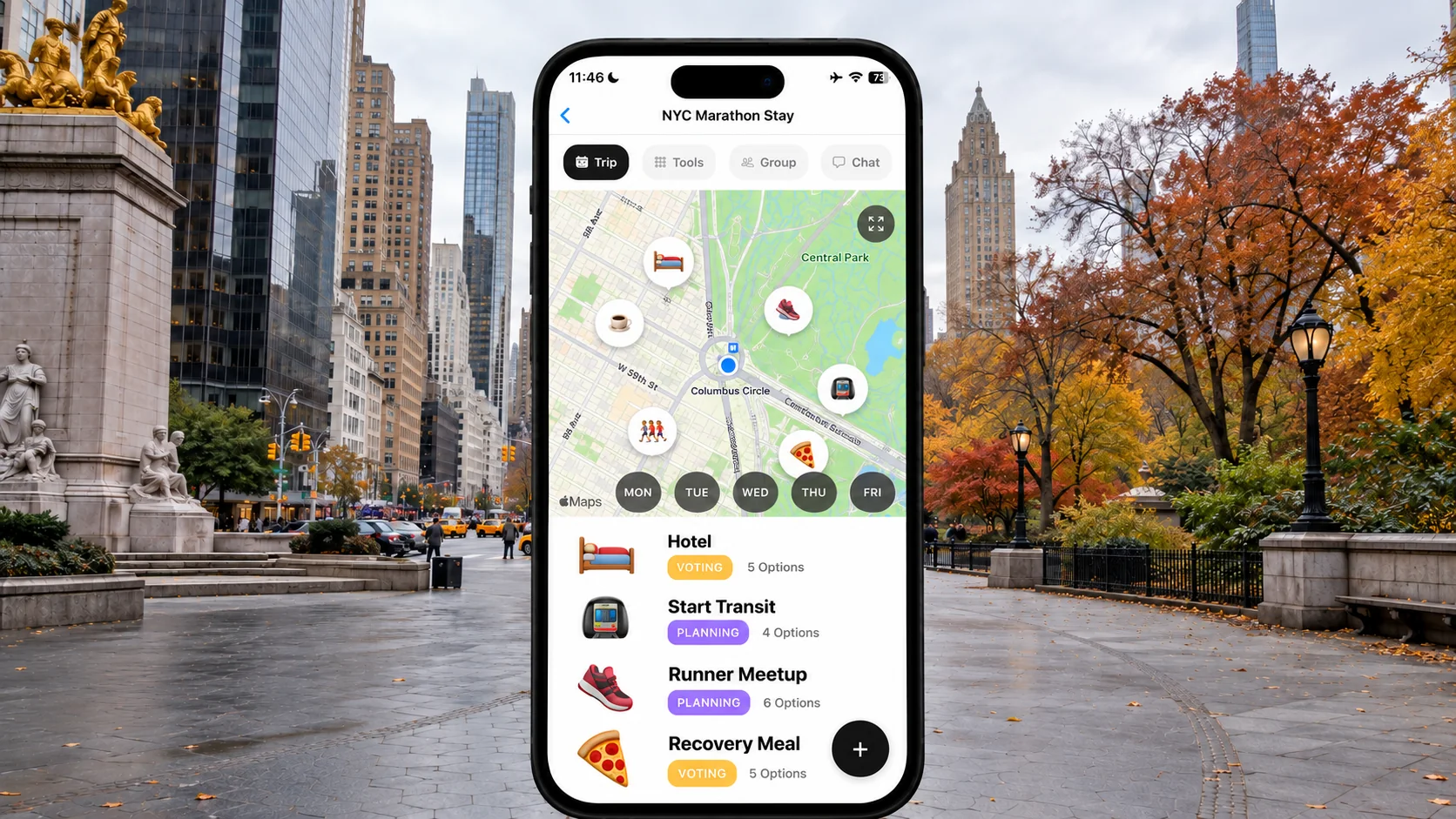 FlowTrip NYC Marathon hotel plan on a phone near Columbus Circle and Central Park in autumn