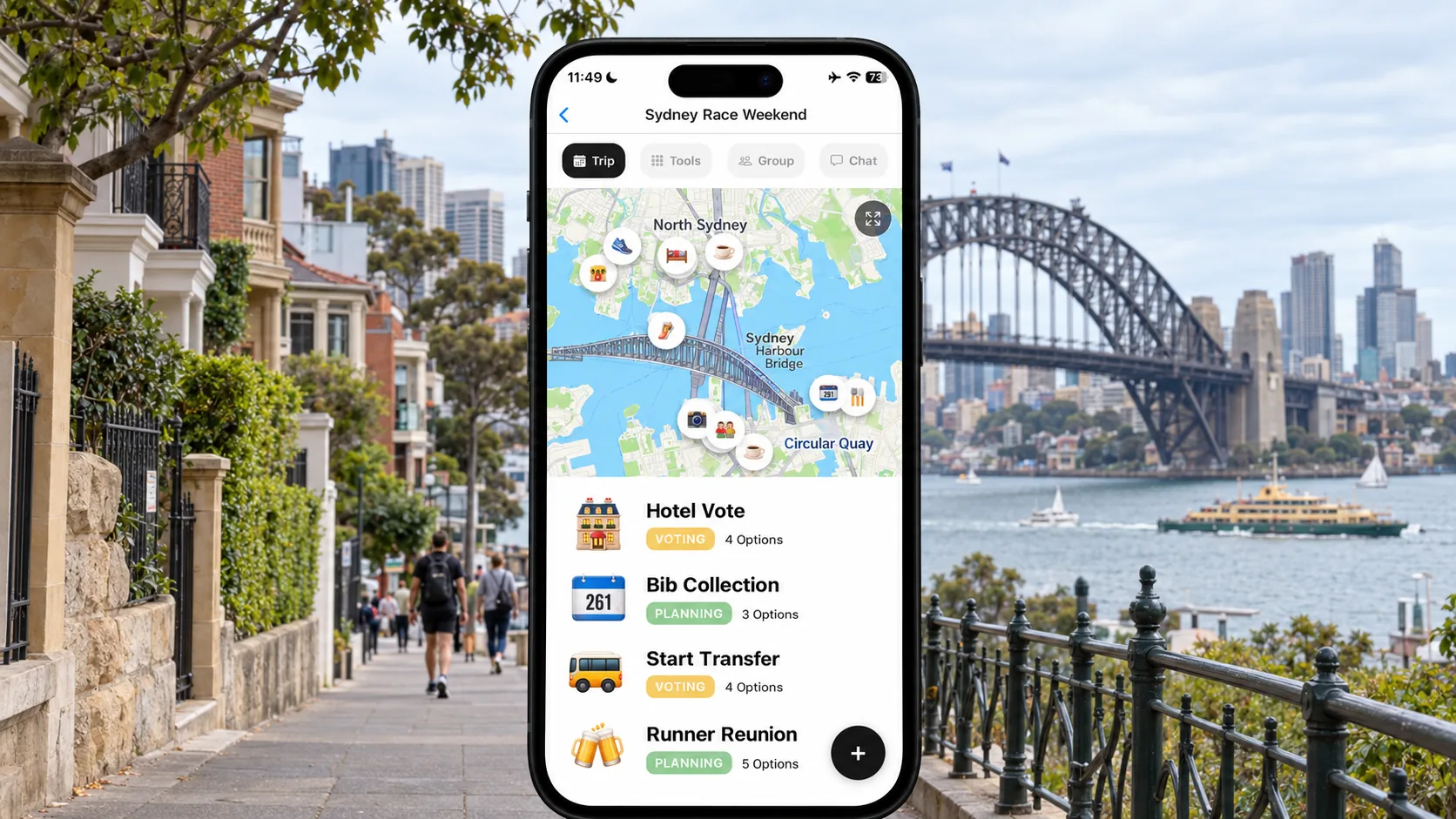 FlowTrip Sydney race weekend hotel plan on a phone overlooking the Harbour Bridge from North Sydney
