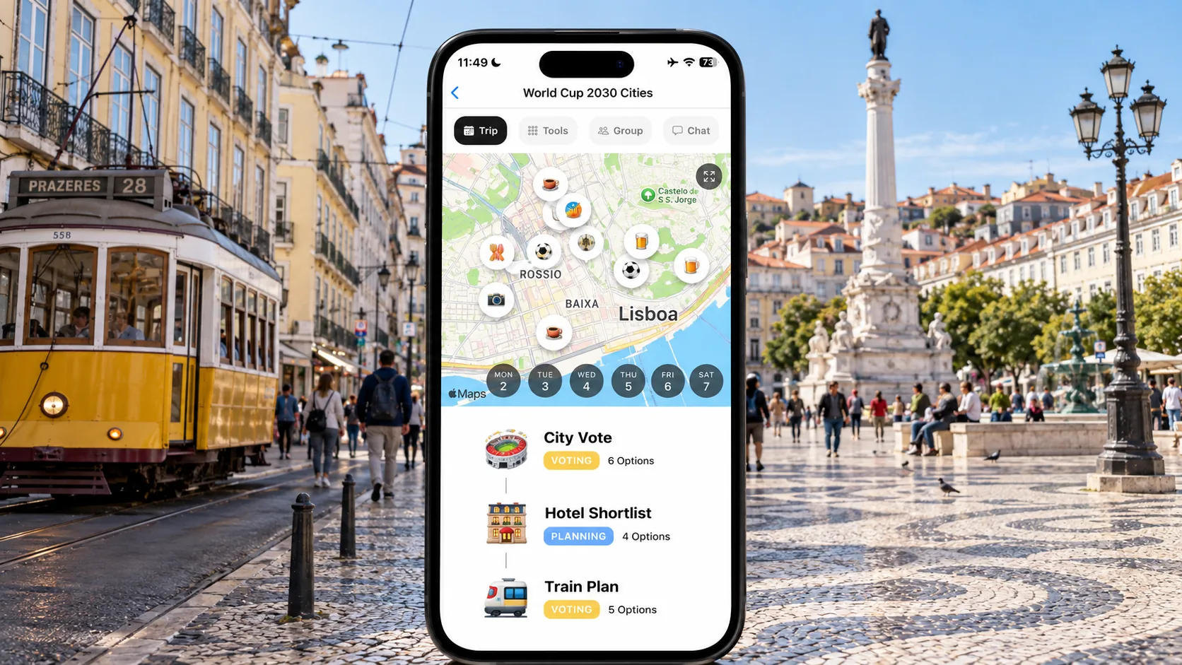 AI illustration of a FlowTrip World Cup city vote on a phone on a Lisbon street near Rossio