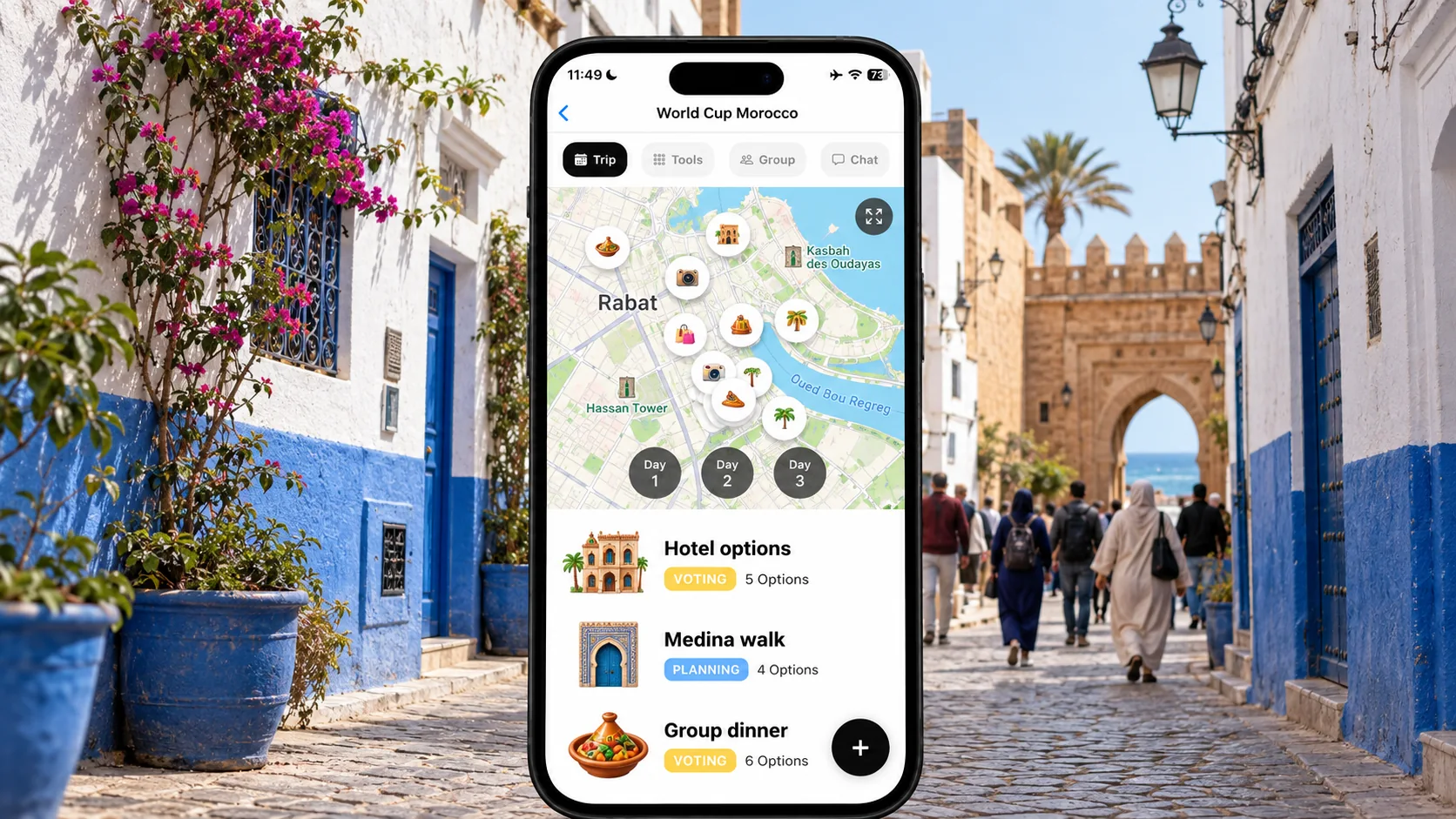 AI illustration of a FlowTrip Morocco football trip screen on a narrow phone in a Rabat street with blue and white walls