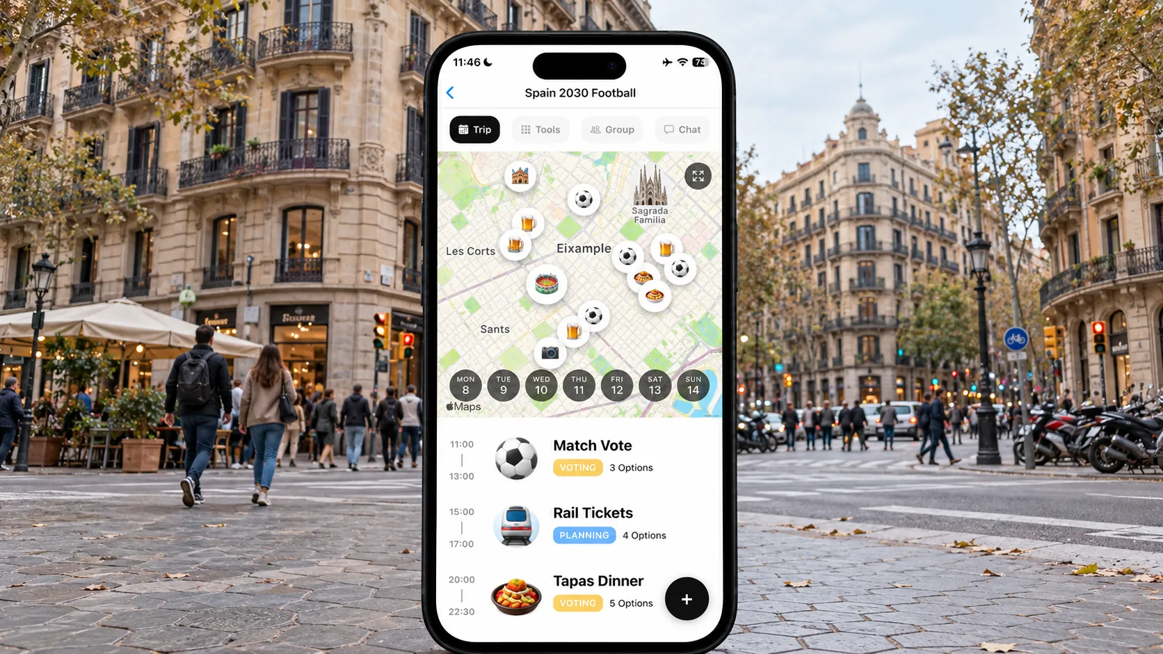 AI illustration of a FlowTrip Spain football trip screen on a phone against a Barcelona Eixample street