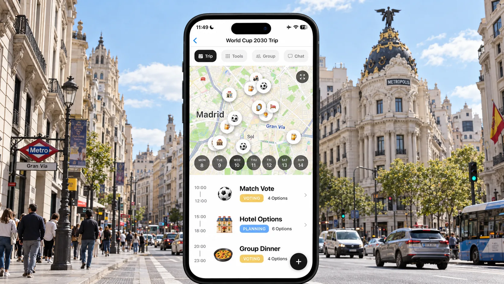 AI illustration of a FlowTrip 2030 football trip planning screen on a phone on Madrid Gran Vía