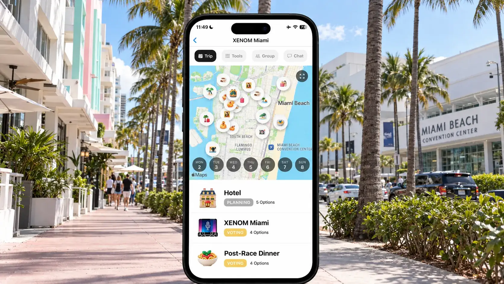 AI illustration of a FlowTrip XENOM Miami trip on an upright phone beside Miami Beach Convention Center