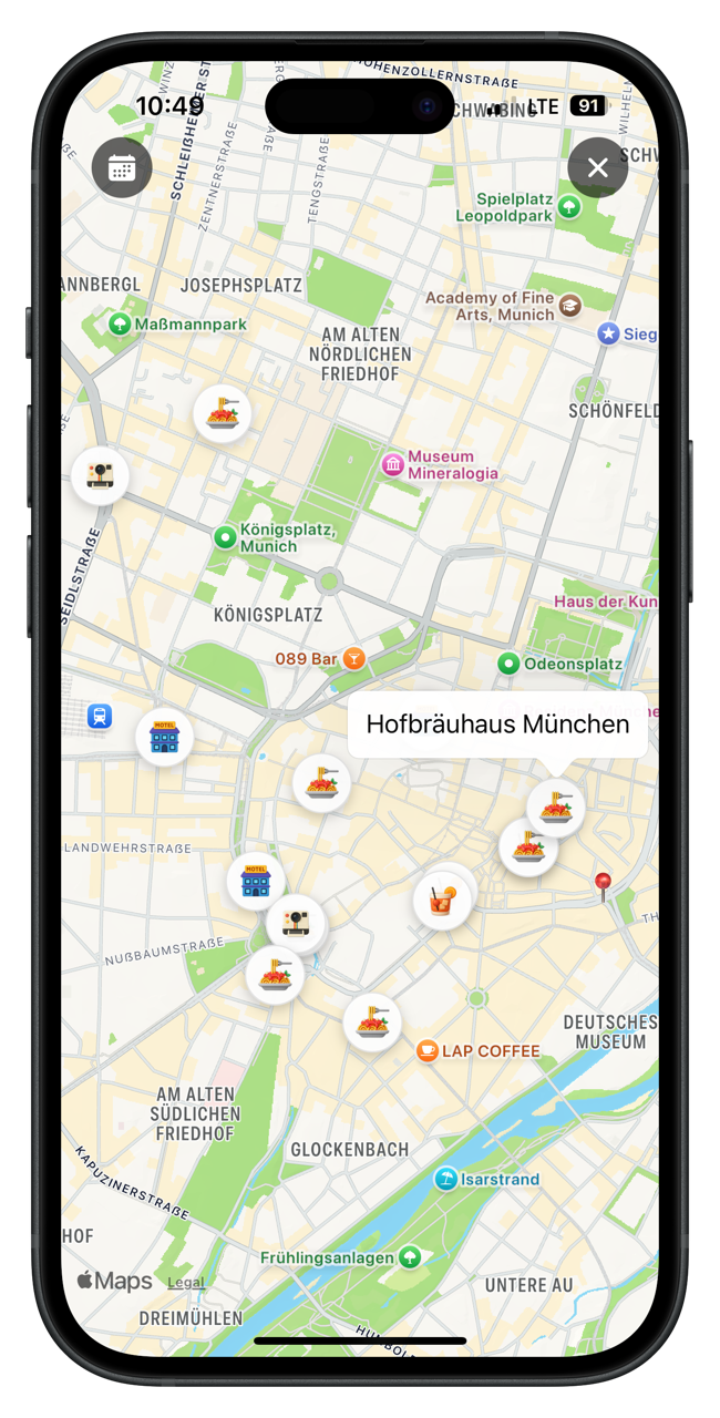 Screenshot of map view and itinerary schedule