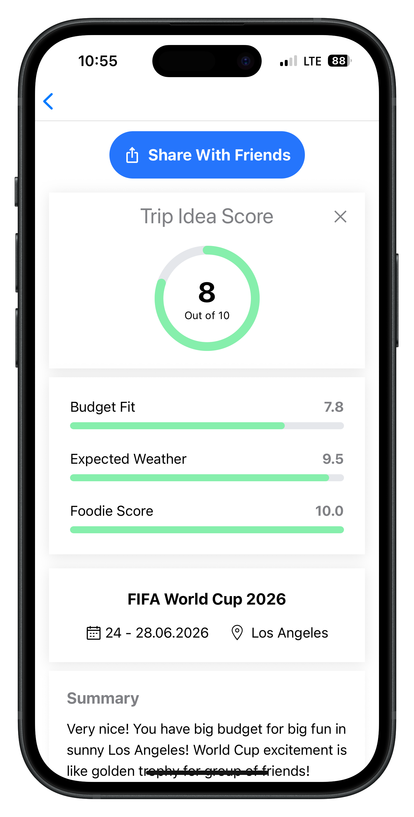 Screenshot of AI providing feedback on trip feasibility