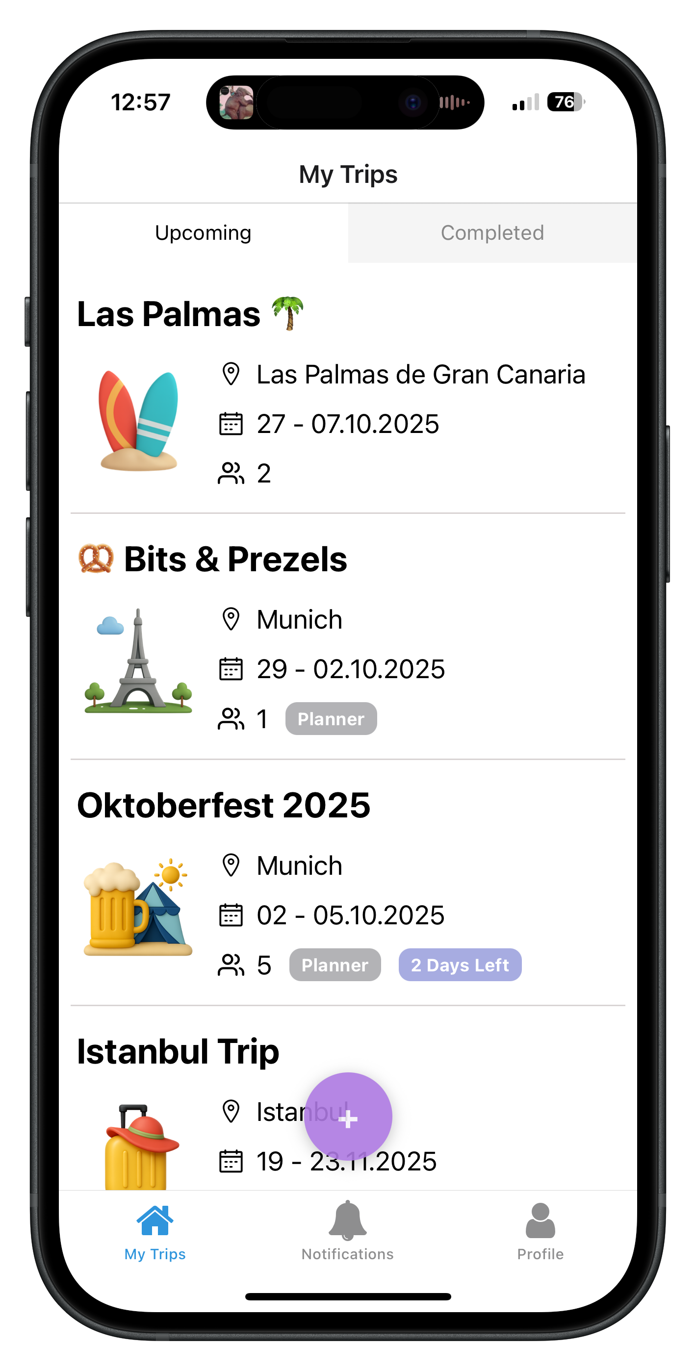 Screenshot of rapid trip creation with AI planner